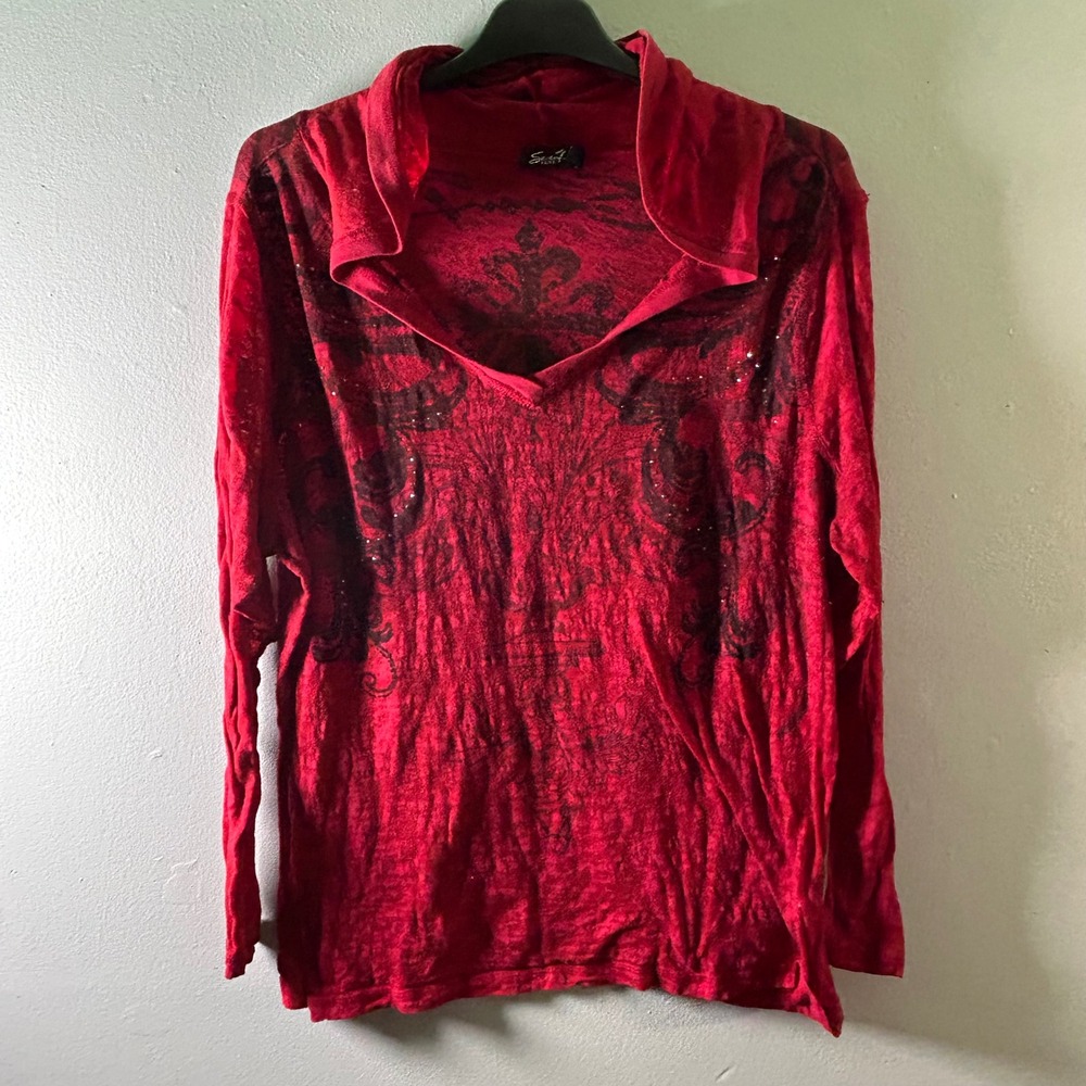 Seven7 Luxe Red Rhinestone Embellished Hooded Long Sleeve Top Women's Size 18/20